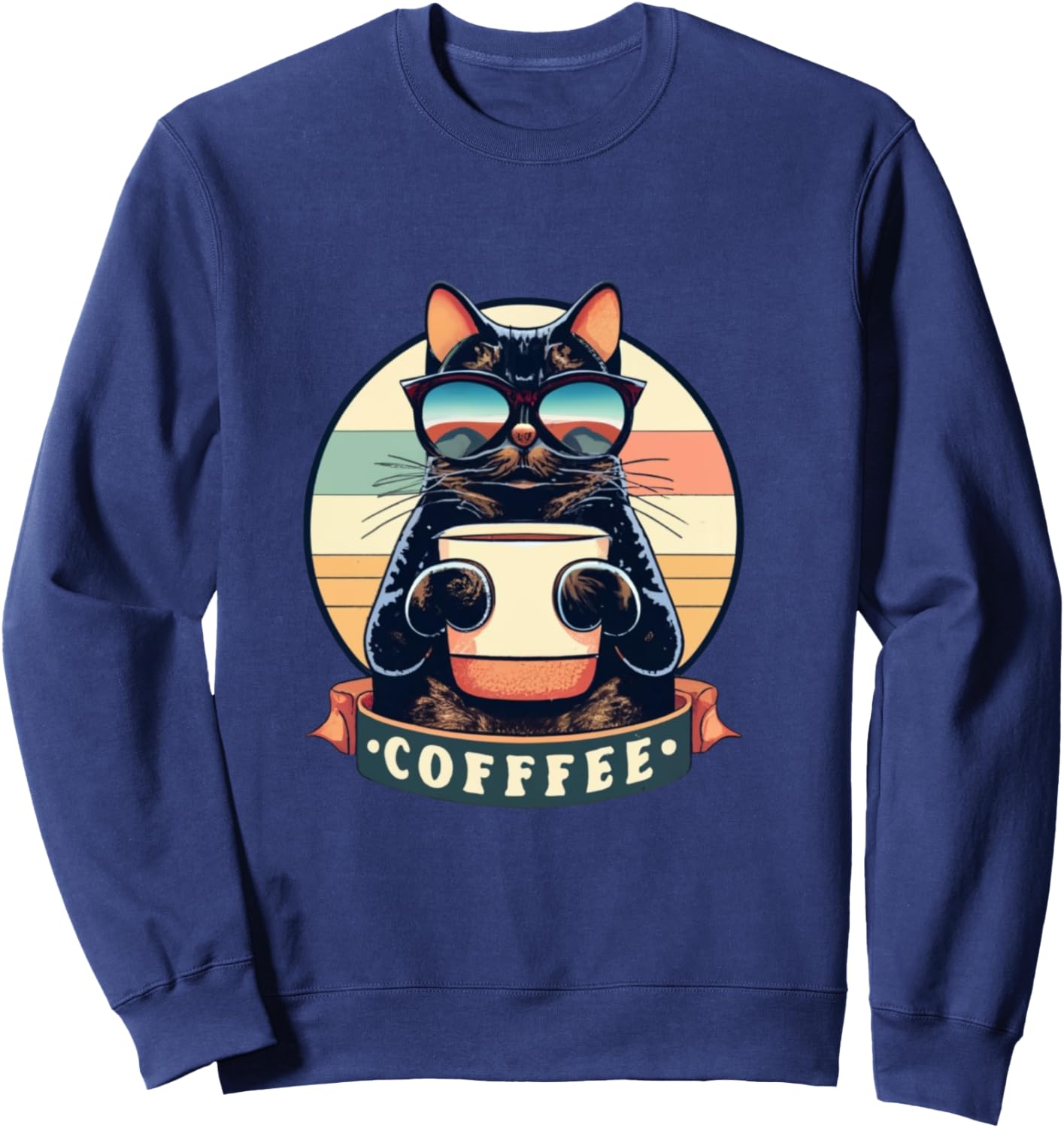 Cute Coffee Cat | Funny Vintage Cat | Black Cat | Retro Cat Sweatshirt - Sweatshirt | Navy