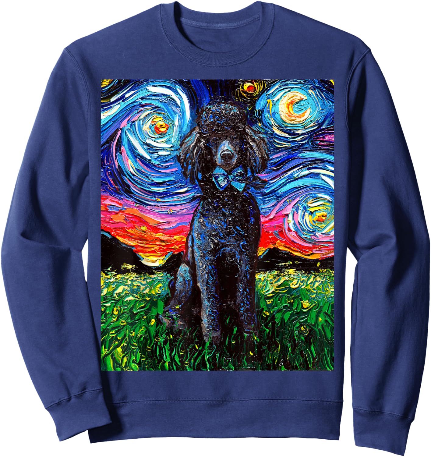 Black Standard Poodle Starry Night Dog Lover Animal Artwork Sweatshirt - Sweatshirt | Navy