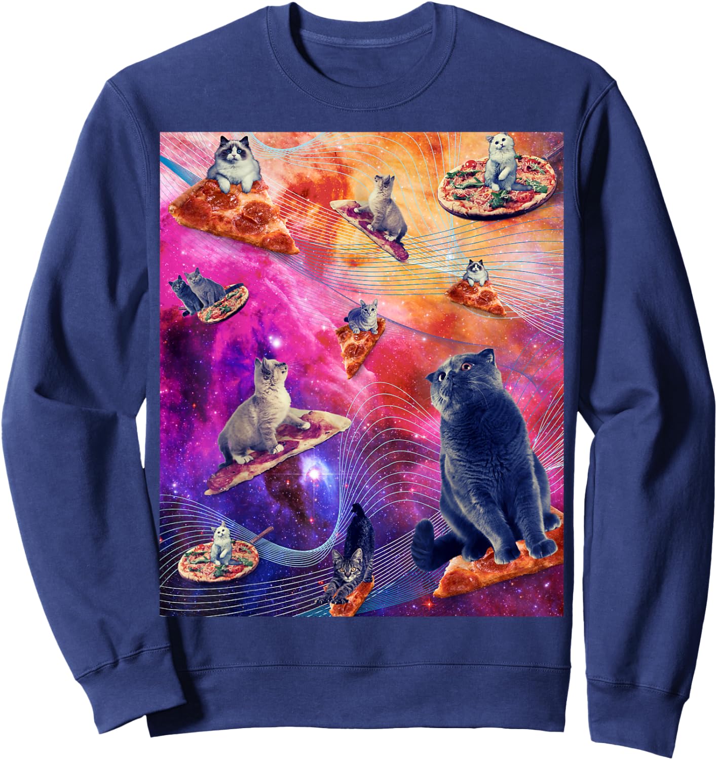 Galaxy Space Pizza Cat - Cat In Space Eating Pizza Men Women Sweatshirt - Sweatshirt | Navy