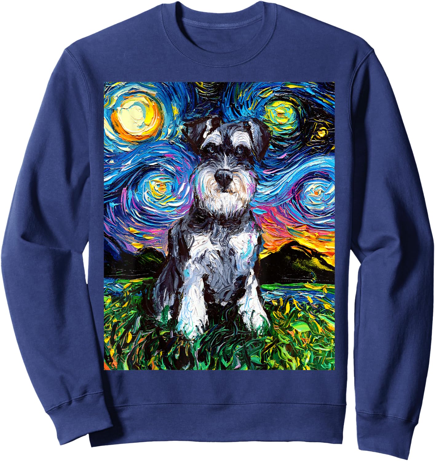 Schnauzer Starry Night Impressionist Dog Art by Aja Sweatshirt - Sweatshirt | Navy