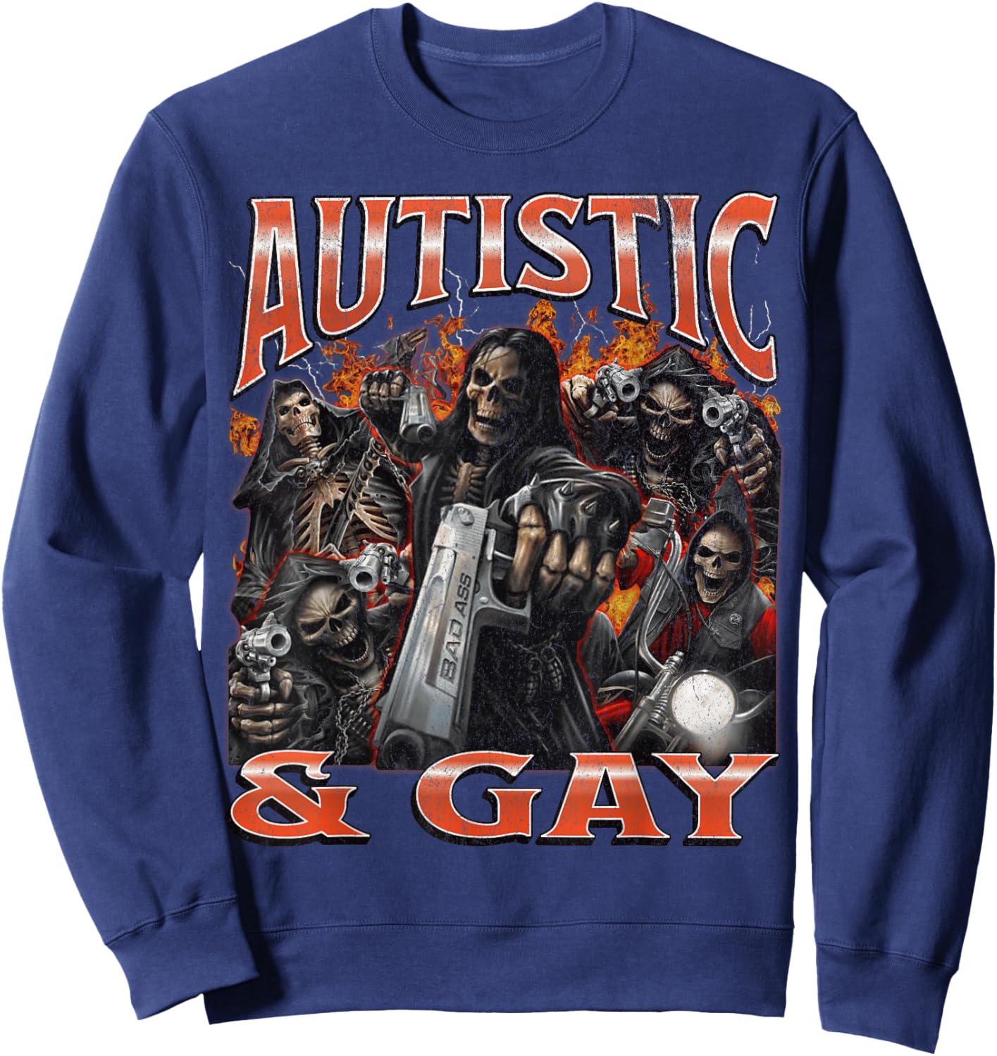 Autistic And Gay Funny Hard Skeleton Meme Bootleg Graphic Sweatshirt - Sweatshirt | Navy