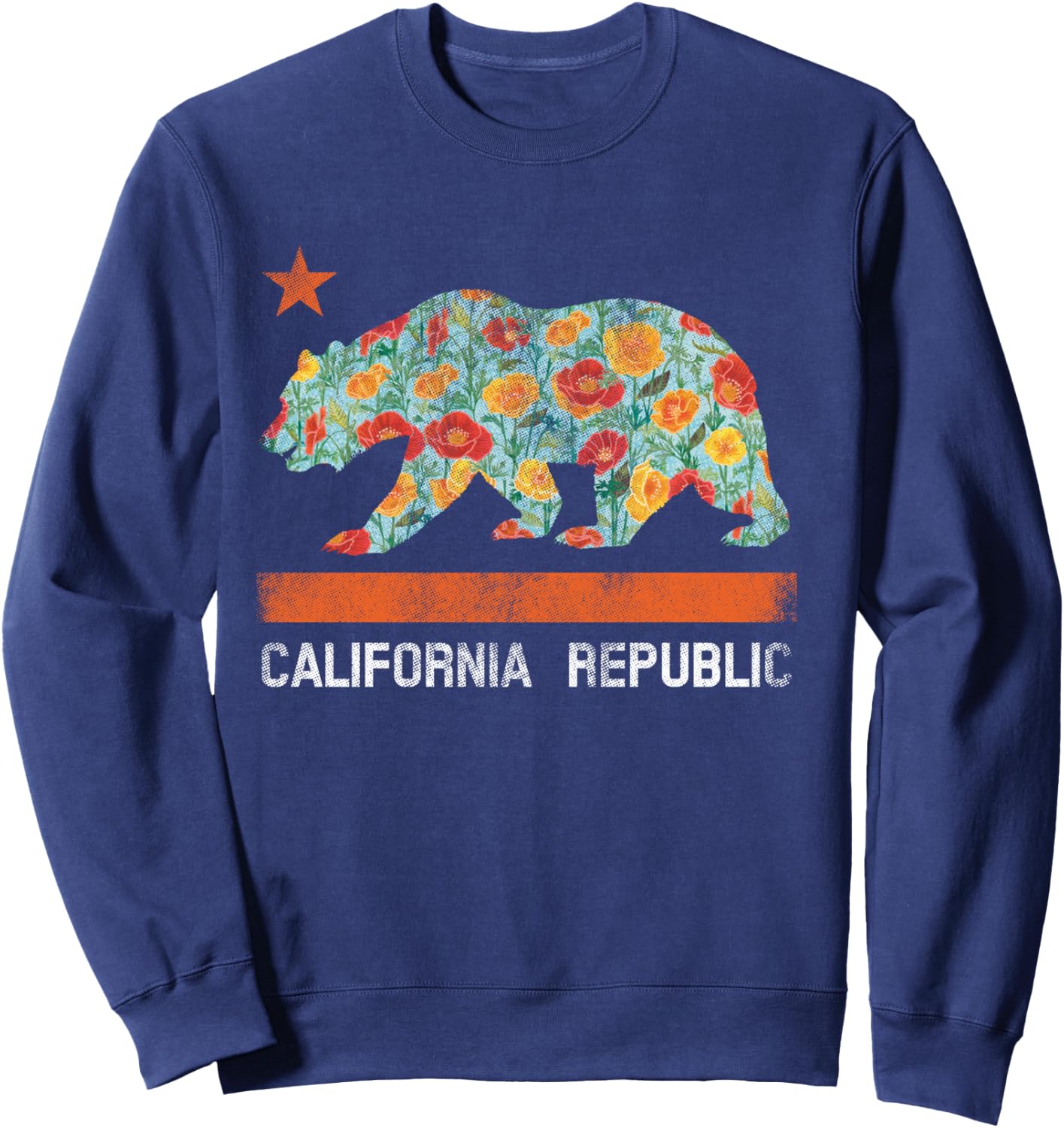 California Republic State Bear Star Poppy Flower LA Cali Sweatshirt - Sweatshirt | Navy