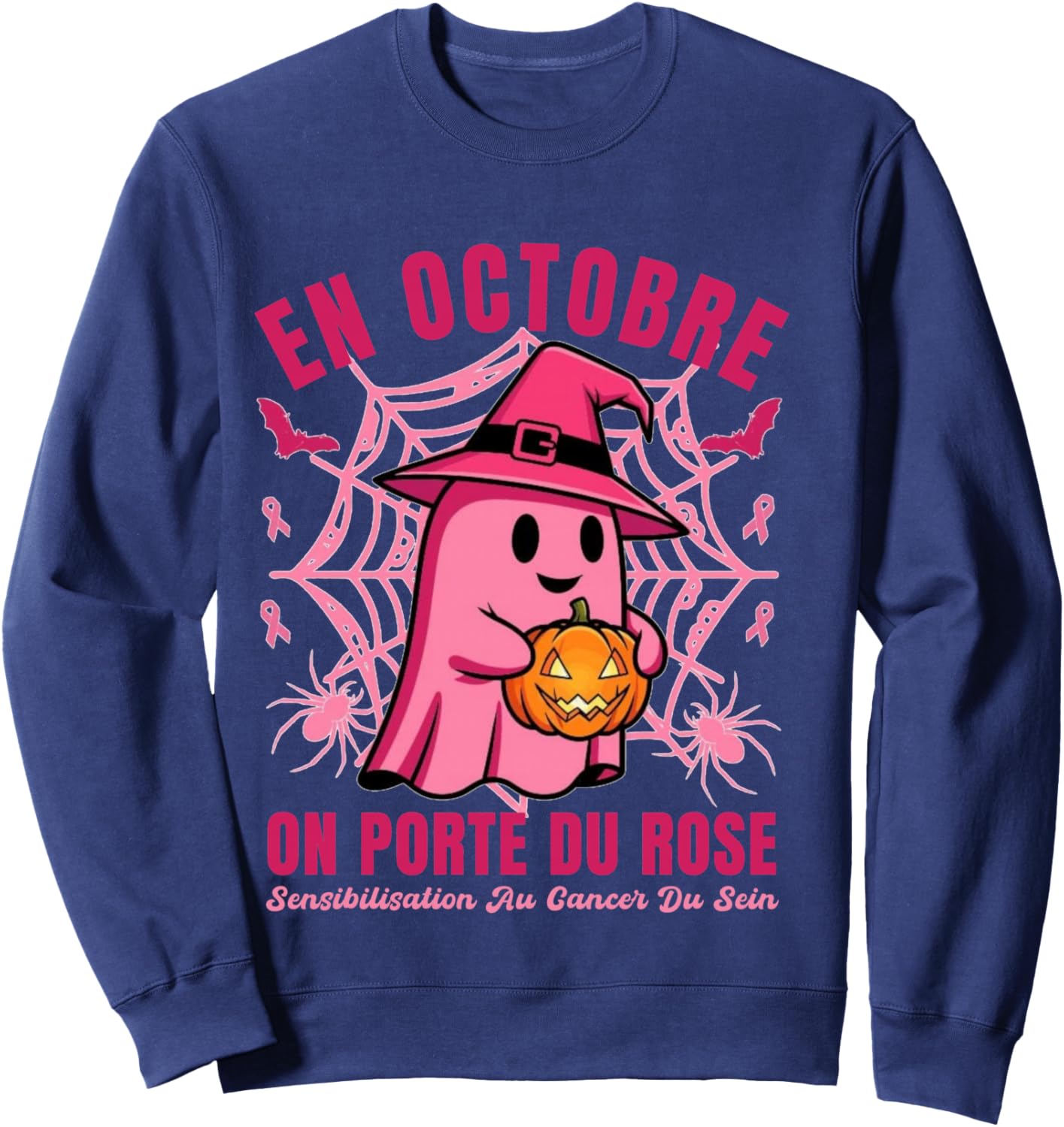 in October on Wearing Pink Ghost Gift Halloween Sweatshirt - Sweatshirt | Navy