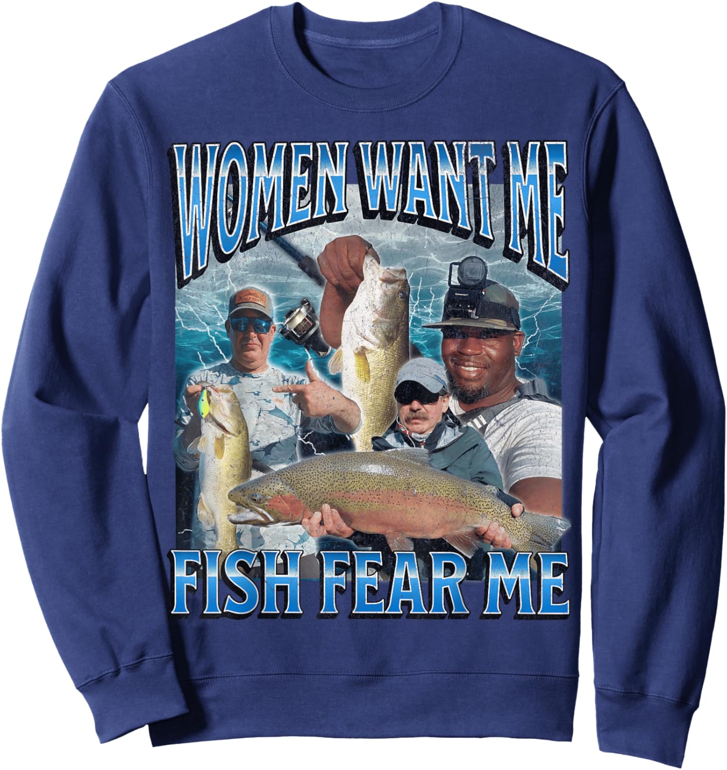 Women Want Me Fish Fear Me Funny Fishing Bootleg Graphic Sweatshirt - Sweatshirt | Navy