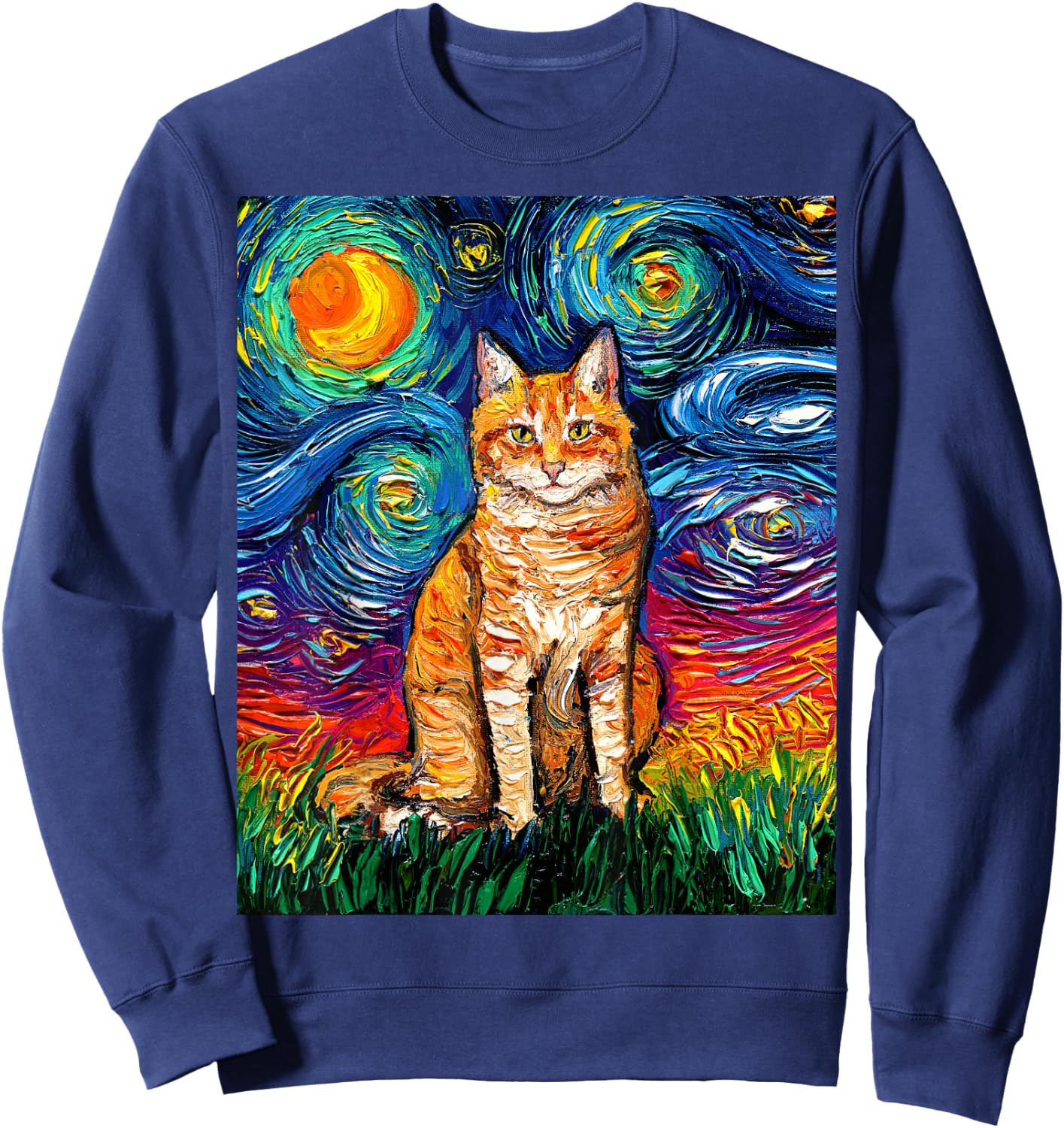 Orange Tabby Tiger Cat Starry Night Colorful Kitty Artwork Sweatshirt - Sweatshirt | Navy
