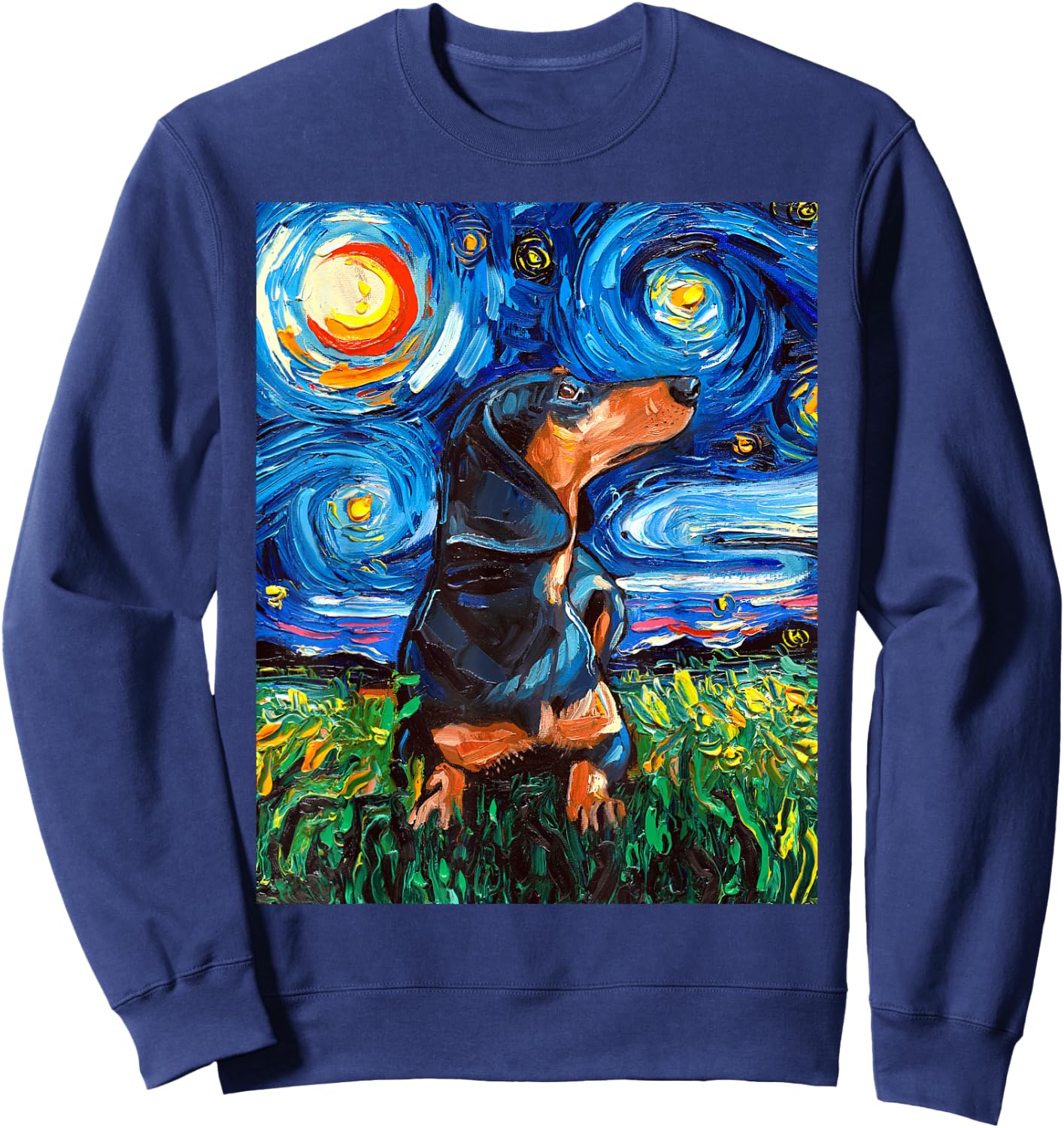 Black and Tan Dachshund Doxie Starry Night Dog Artwork Sweatshirt - Sweatshirt | Navy