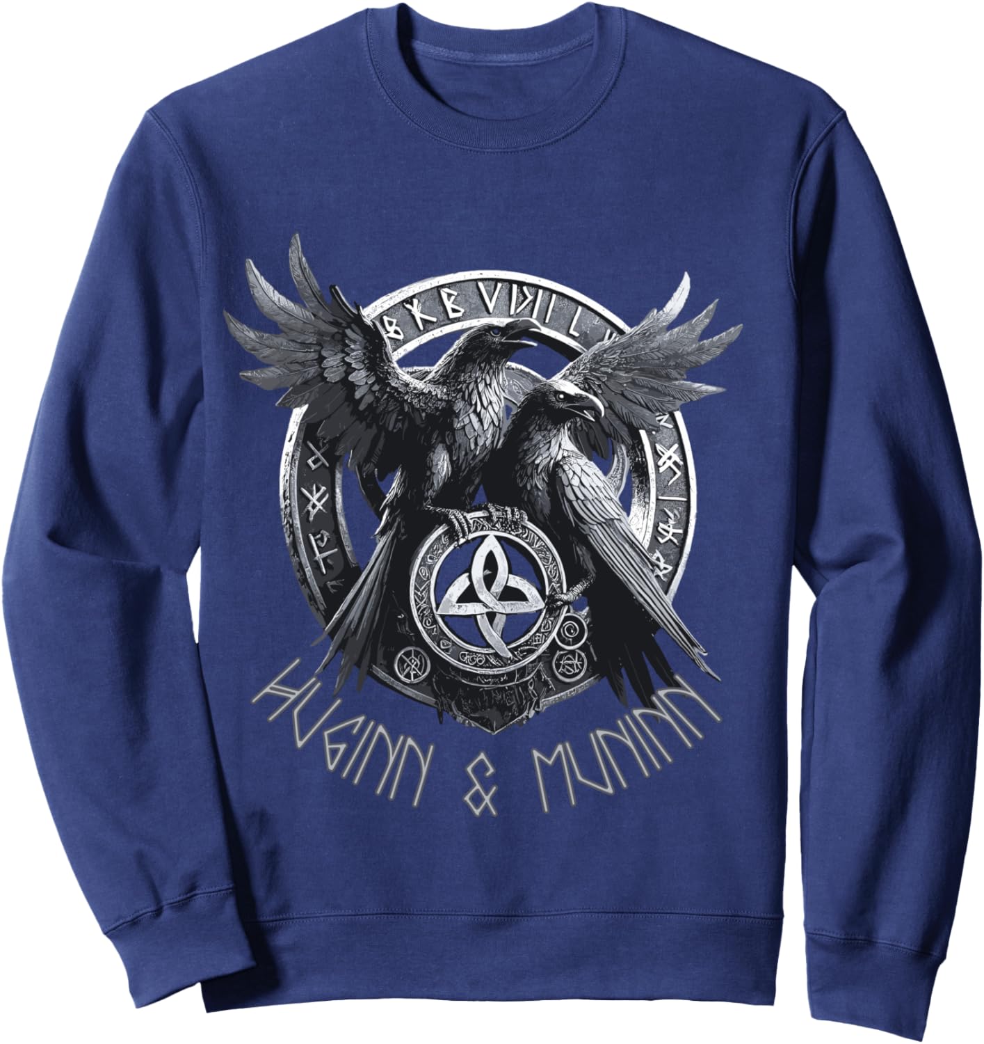 Odin Ravens Huginn & Muninn Vegvisir Vikings Myth , Black, S Sweatshirt - Sweatshirt | Navy
