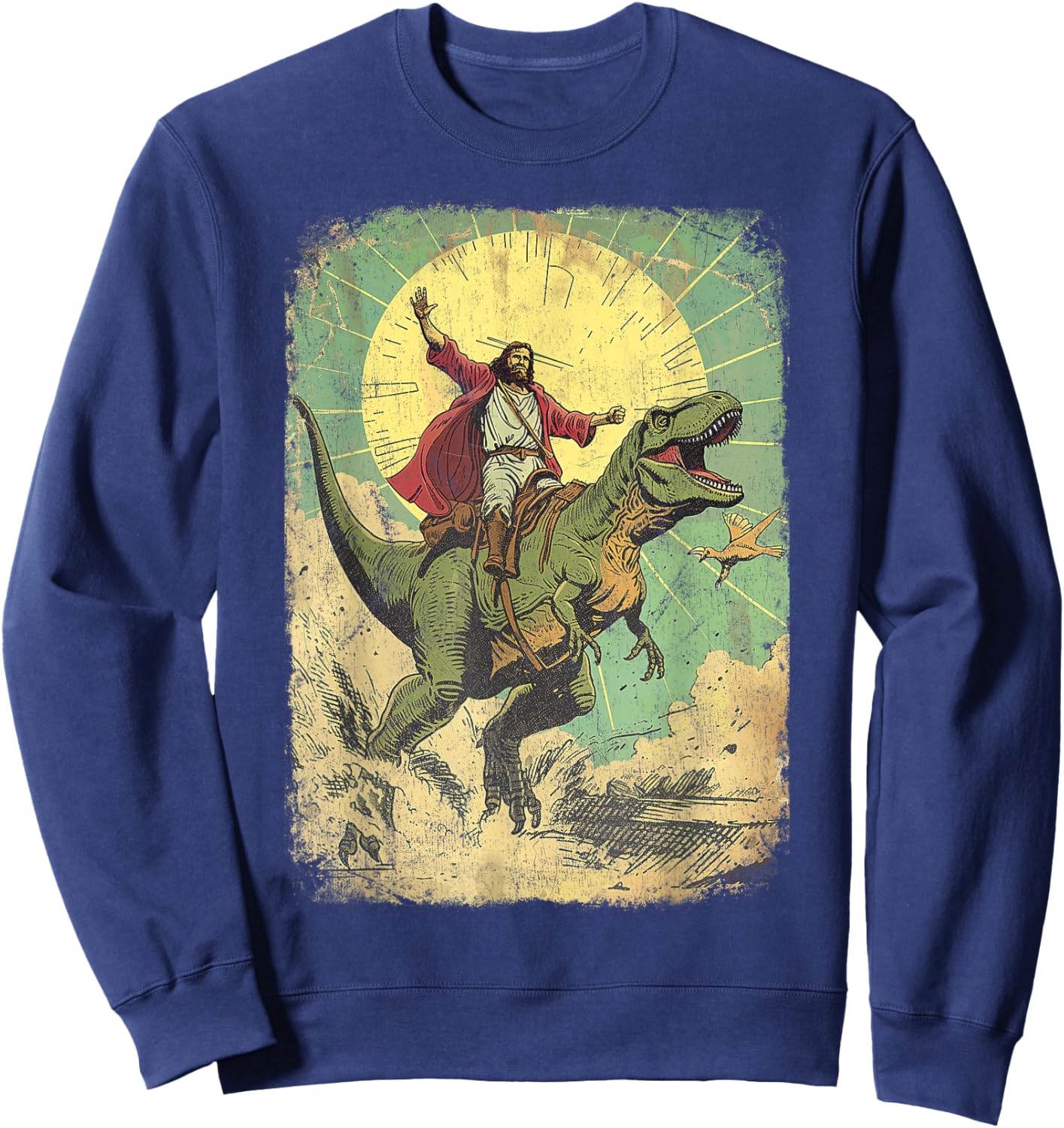 Jesus riding dinosaur Funny Christian retro dino raptor Sweatshirt - Sweatshirt | Navy