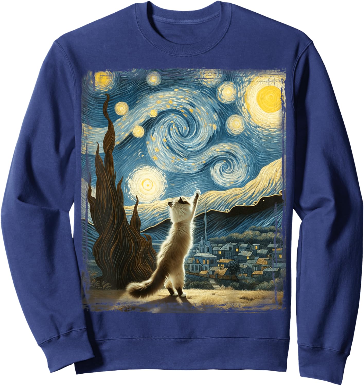 Van Gogh Starry Night Reaching Moon Artistic Pet Ragdoll Cat Sweatshirt - Sweatshirt | Navy
