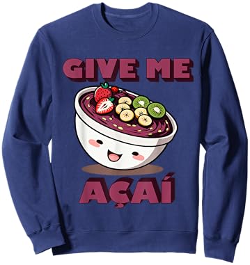 "Give Me AÇAÍ" Cute Brazilian Cartoon Acai Bowl Design Sweatshirt - Sweatshirt | Navy