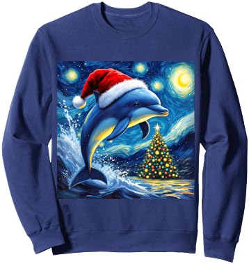 Christmas Dolphin Santa Hat Van Gogh Starry Night Holiday Sweatshirt - Sweatshirt | Navy