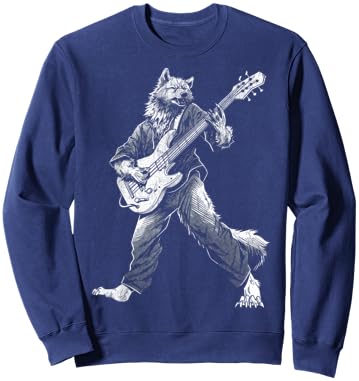 Rocking Wolf with Guitar Rock and Roll Vintage ROCK Music Sweatshirt - Sweatshirt | Navy