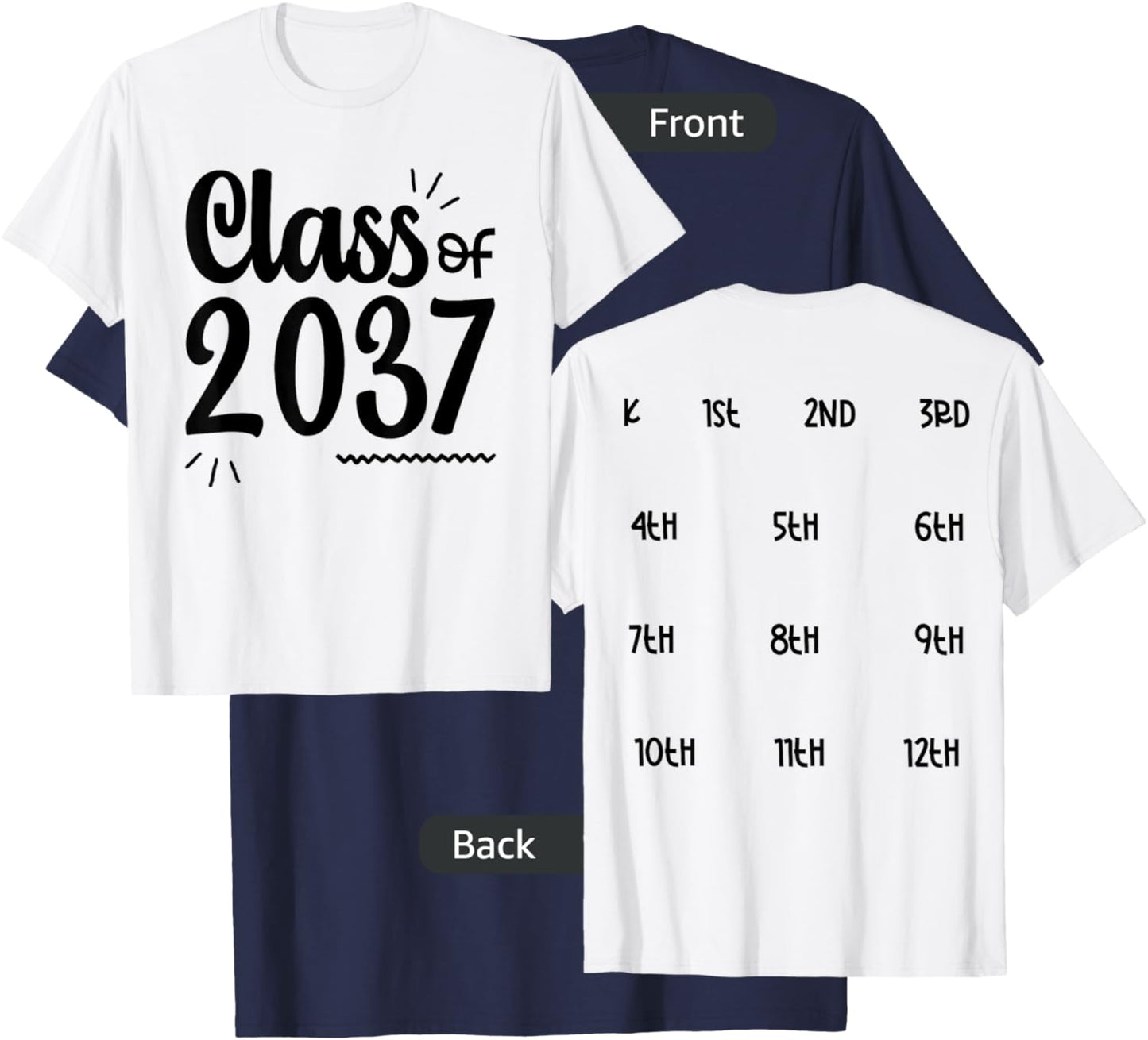 Class of 2037 Grow with Me Handprints On Back K to 12 Grade T-Shirt - T-Shirt | Navy