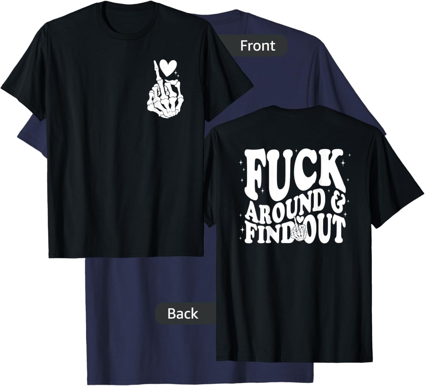 Funny Middle Finger Skeleton Front & Back Graphic T-Shirt - T-Shirt | Navy
