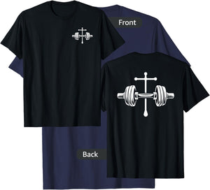 Christian Gym Cross Legend Workout Front Back Dumbbell Logo T-Shirt - T-Shirt | Navy