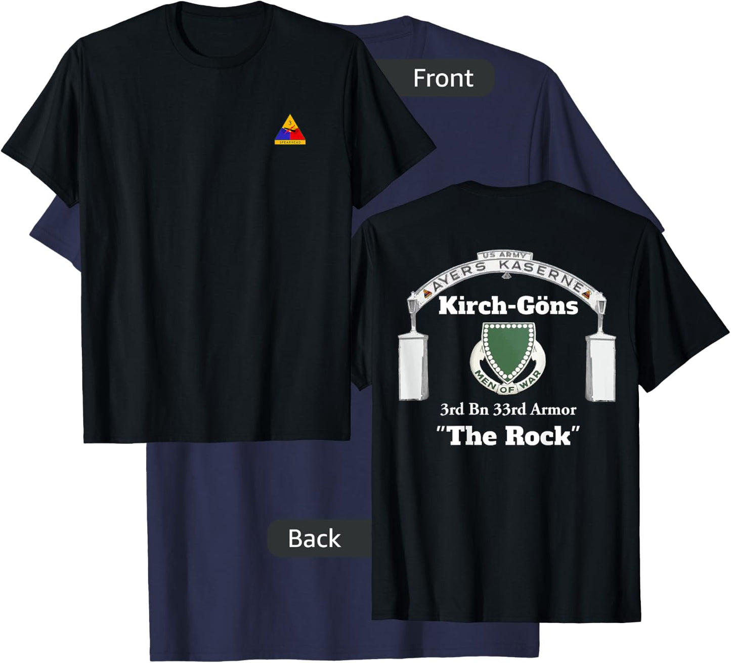 3rd AD front-Ayers Kaserne-3rd Bn 33rd Armor design on back T-Shirt - T-Shirt | Navy