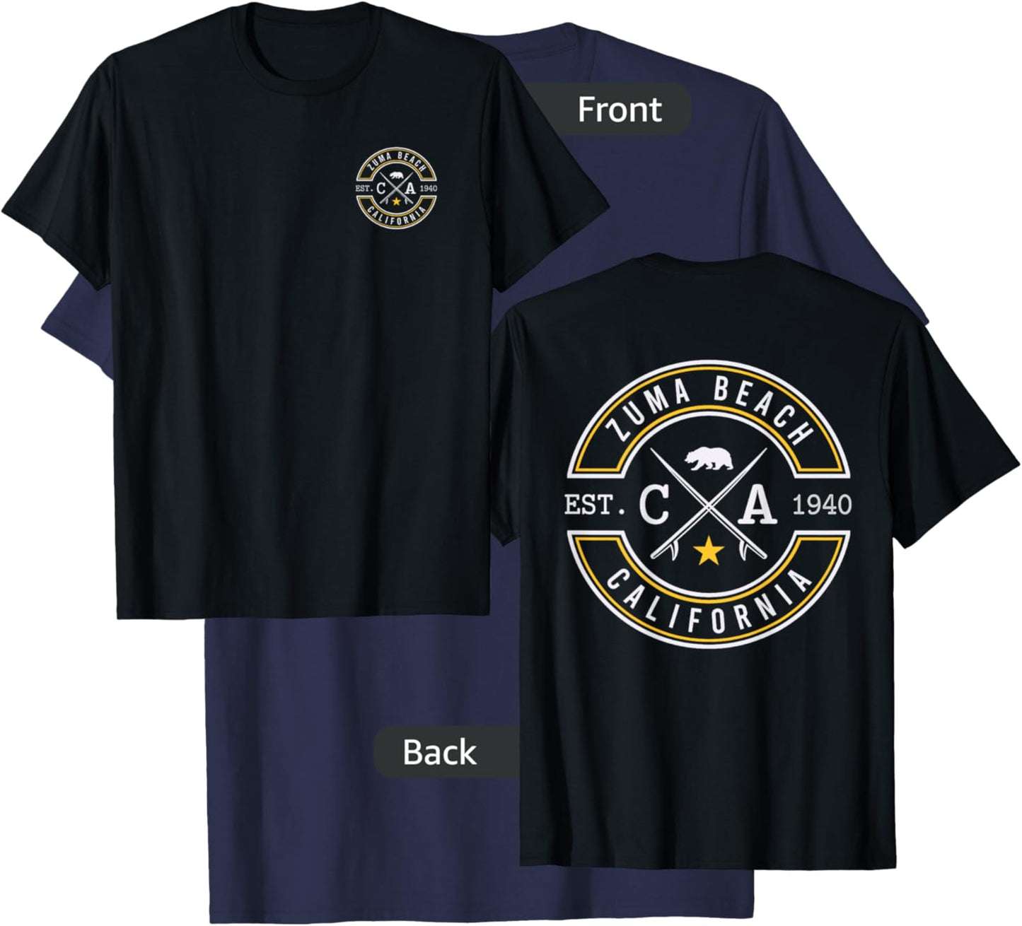 Zuma Beach Beach California CA Retro Surfer Front & Back T-Shirt - T-Shirt | Navy