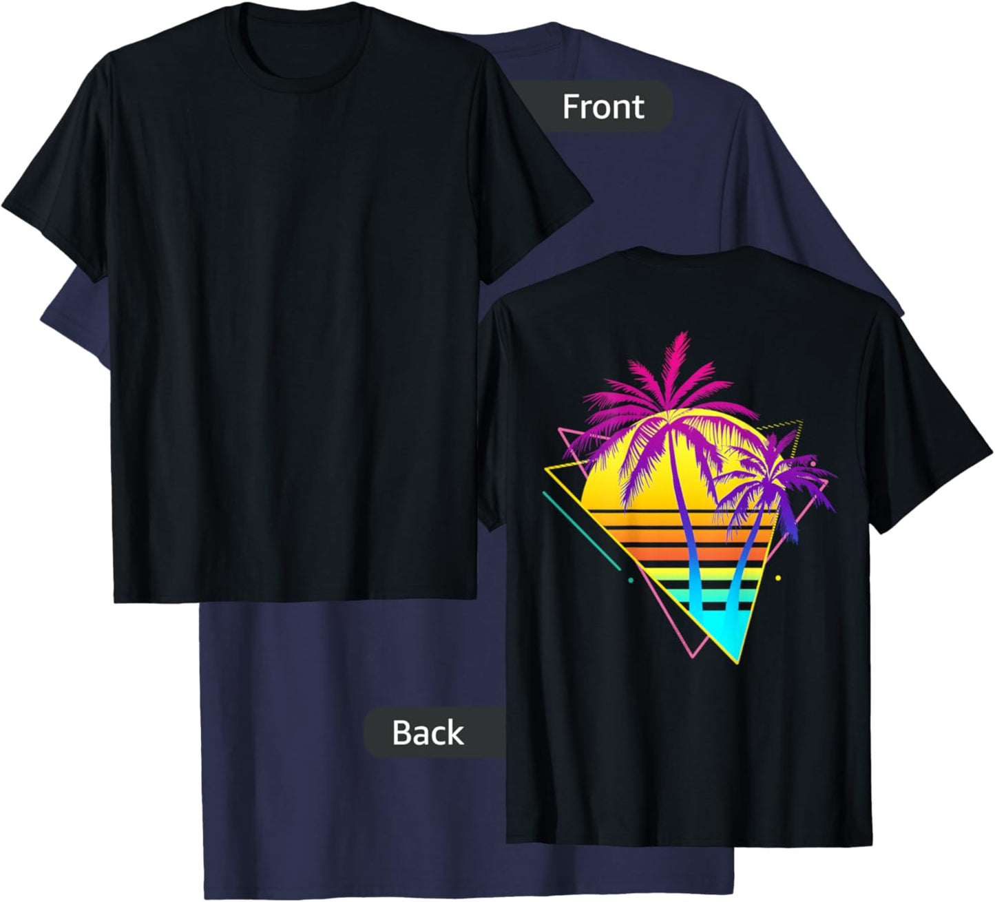 On Back - Retro 80s 90s Vaporwave Tropical Sunset Palm Trees T-Shirt - T-Shirt | Navy
