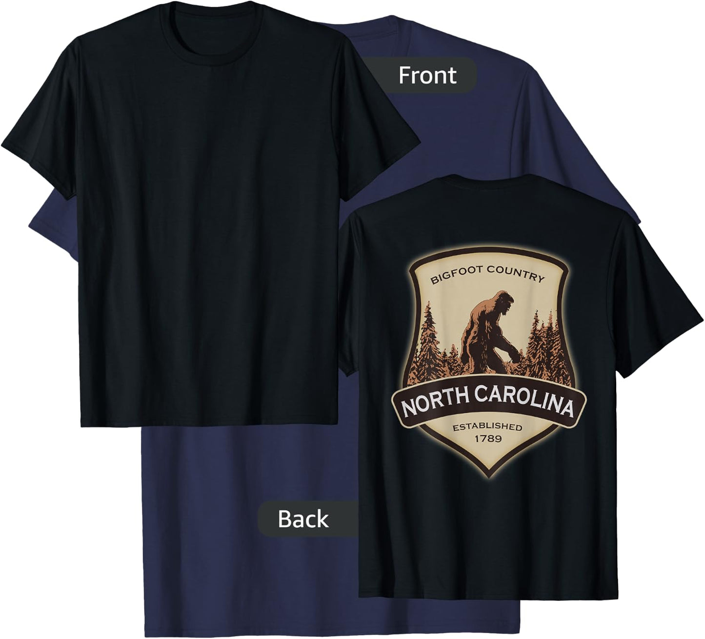 Printed On Back - North Carolina with a Bigfoot or Sasquatch T-Shirt - T-Shirt | Navy