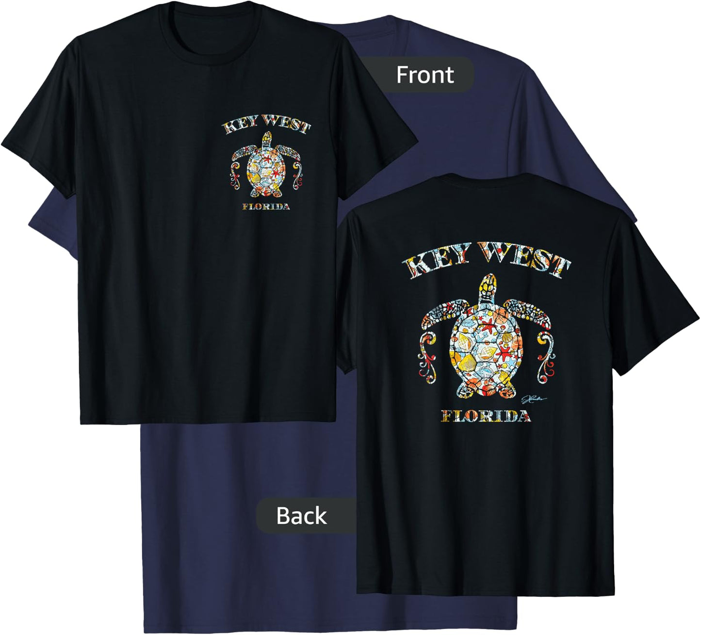JCombs: Key West, FL, Sea Turtle w/ Seashells (Two-Sided) T-Shirt - T-Shirt | Navy