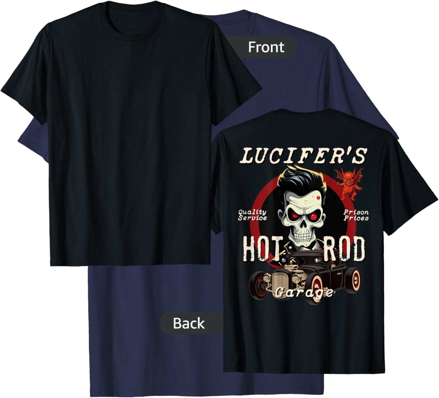 Lucifer's Hot Rod Garage Biker Rockabilly Skull Retro T-Shirt - T-Shirt | Navy