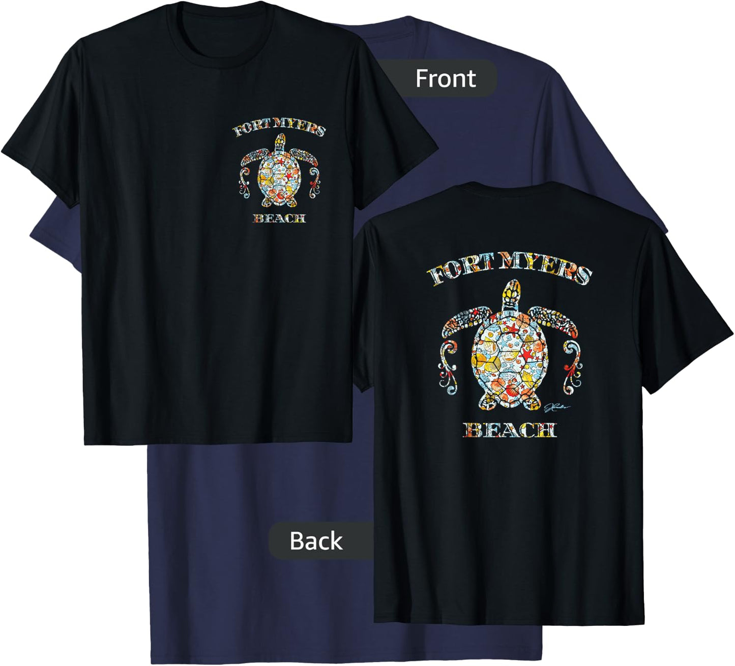 JCombs: Fort Myers Beach, Sea Turtle w/ Seashells (2-Sided) Women Girls Kids T-Shirt - T-Shirt | Navy