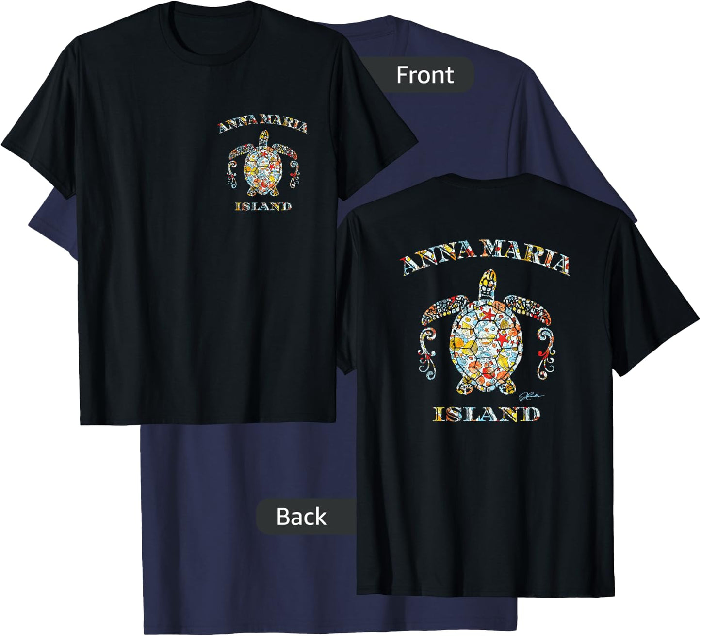 JCombs: Anna Maria Island, Sea Turtle w/ Seashells (2-Sided) T-Shirt - T-Shirt | Navy