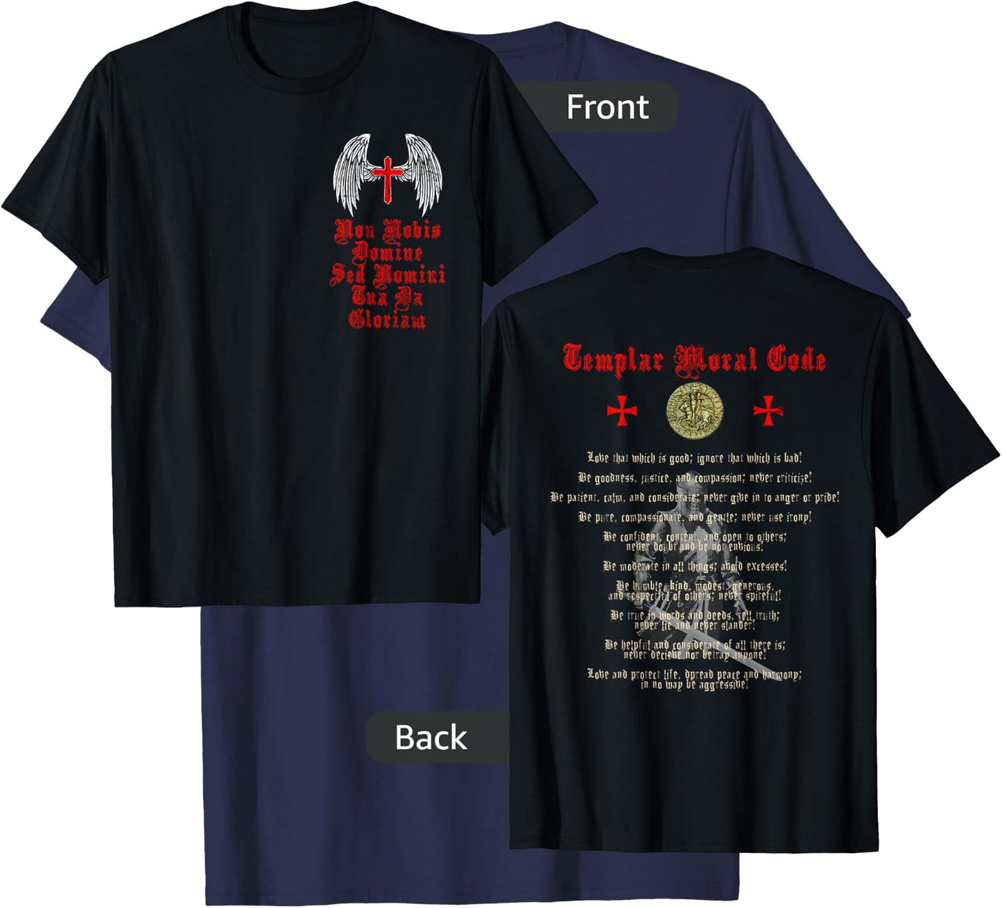 Knights Templar Moral Code Holy Cross Wings Red Crusader T-Shirt - T-Shirt | Navy