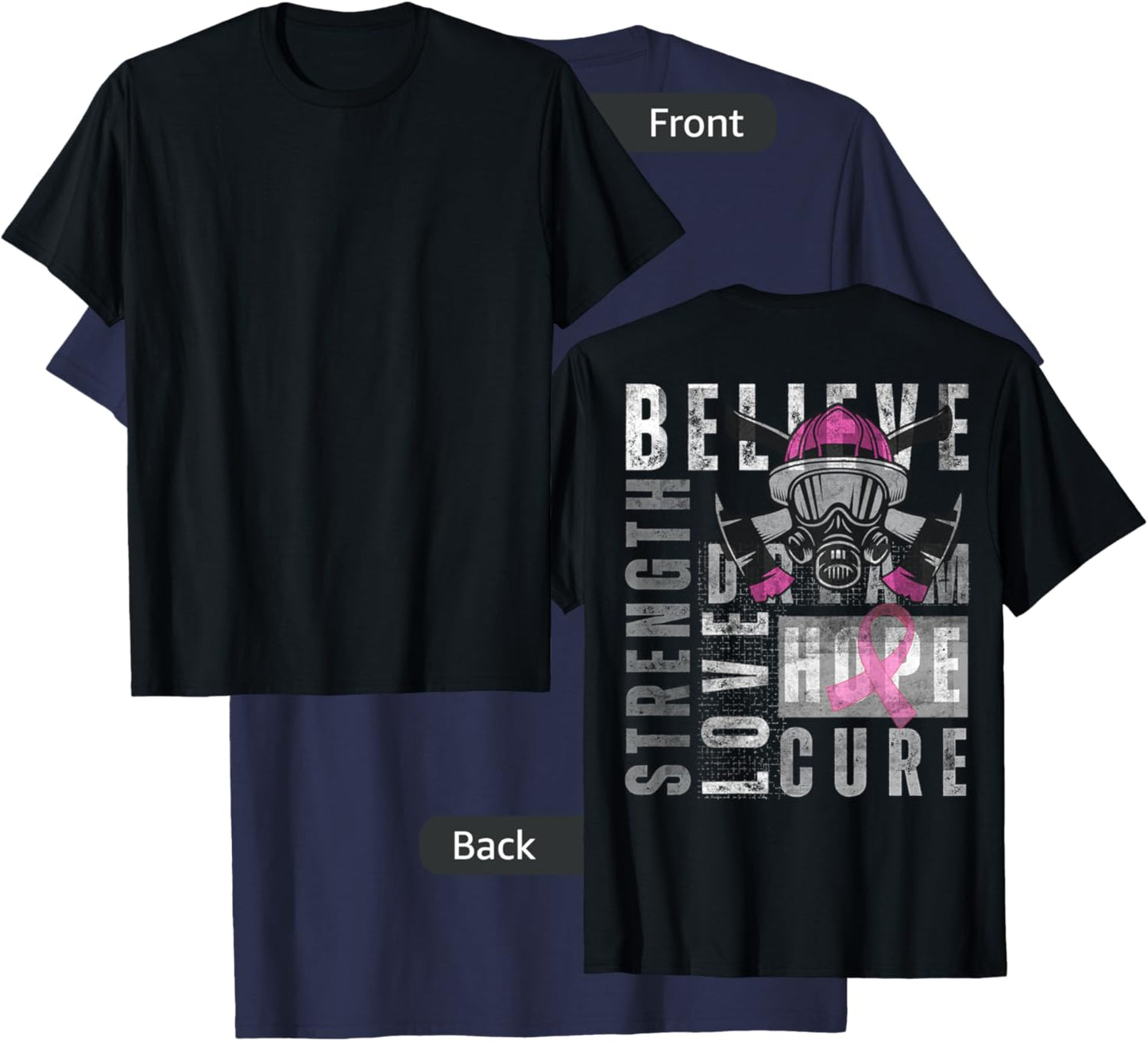 Tackle Breast Cancer Pink Ribbon firefighter Side back Retro T-Shirt - T-Shirt | Navy