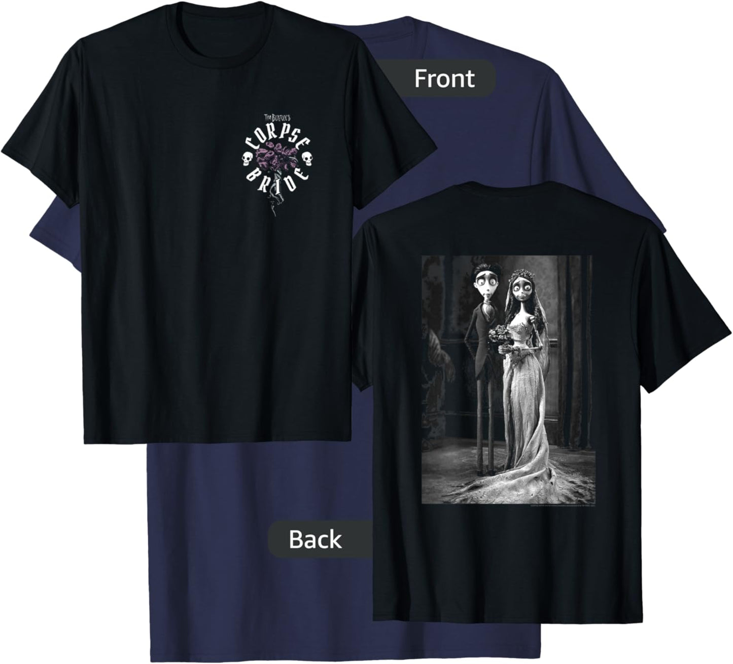 Corpse Bride Front and Back Victor Emily Marriage Movie T-Shirt - T-Shirt | Navy