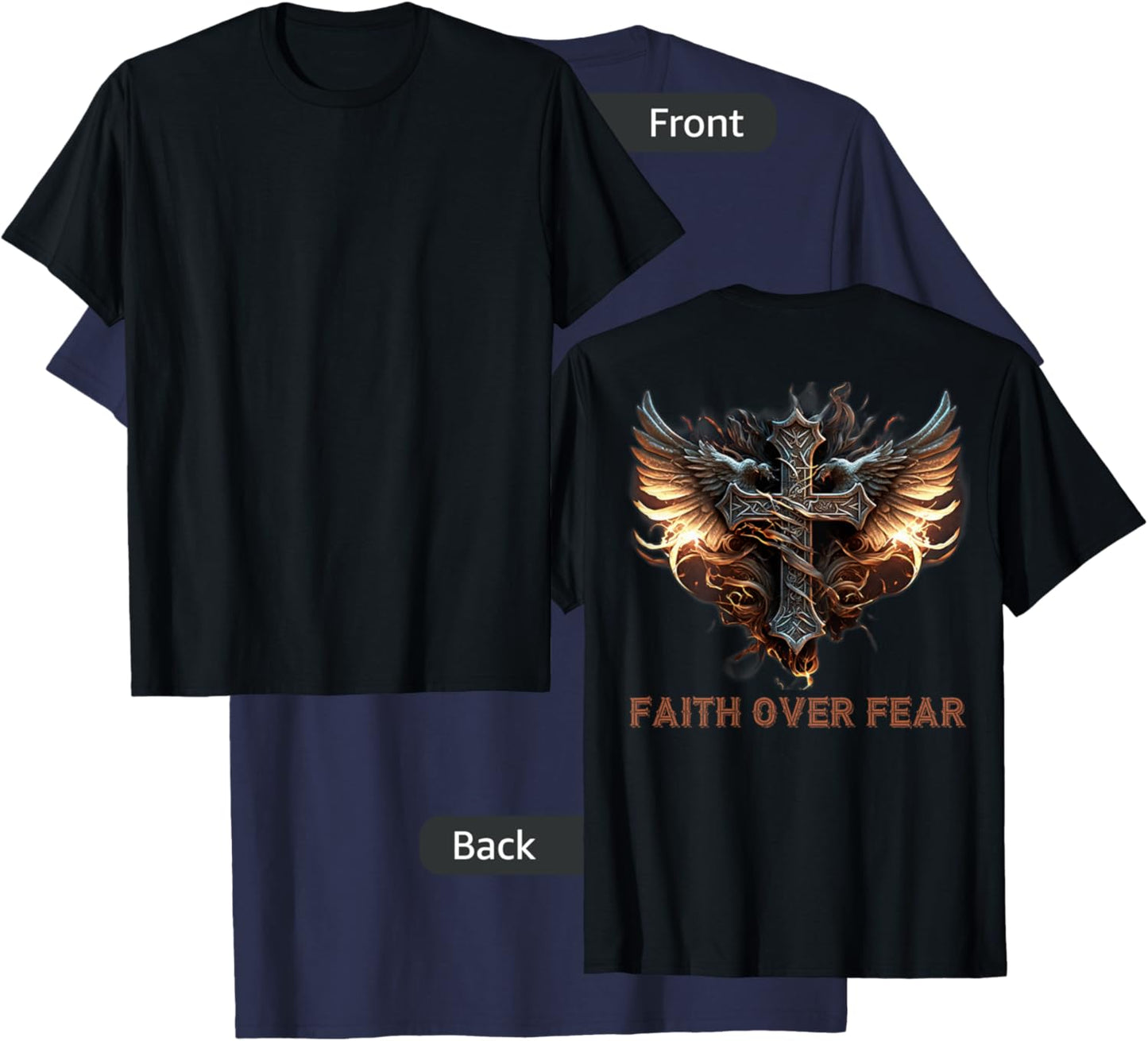 Angel Wings Christian Cross Faith Over Fear - On Back T-Shirt - T-Shirt | Navy