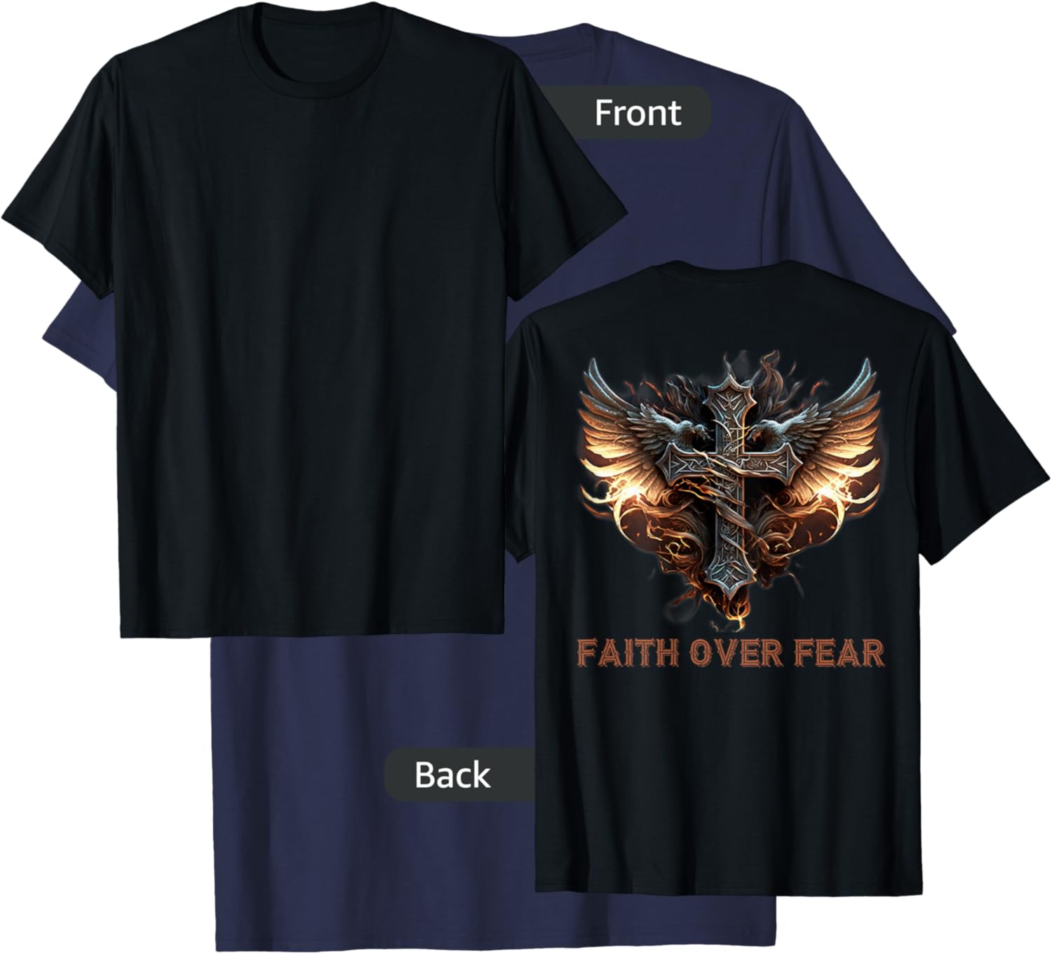 Angel Wings Christian Cross Faith Over Fear - On Back T-Shirt - T-Shirt | Navy