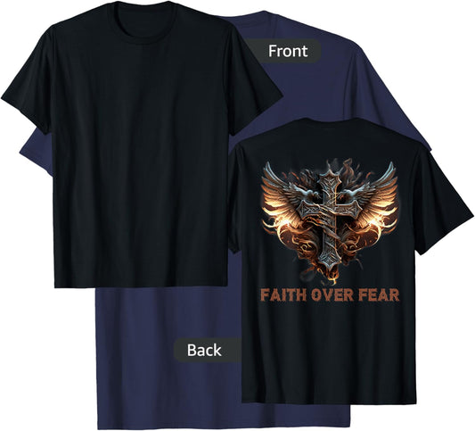 Angel Wings Christian Cross Faith Over Fear - On Back T-Shirt - T-Shirt | Navy
