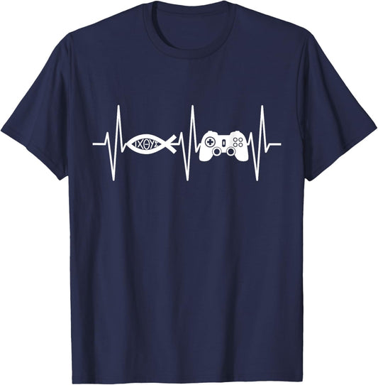 Christian Gamer Shirt Video Gaming Ichthys Jesus Fish Symbol T-Shirt - T-Shirt | Navy