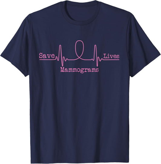 Mammograms Save Lives Pink Ribbon Breast Cancer Awareness T-Shirt - T-Shirt | Navy