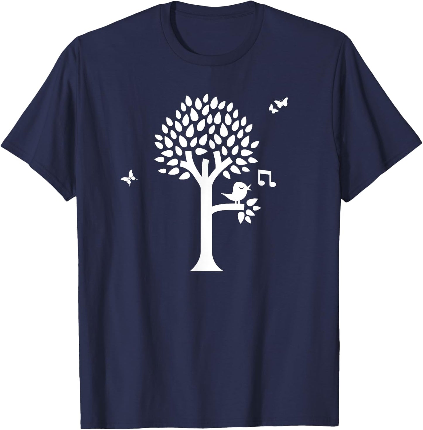 Spring Summer Tree With Songbird And Butterflies T-Shirt - T-Shirt | Navy