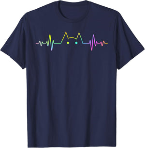 Colorful Heartbeat Cat Lover Animal Silhouette Cute Cat T-Shirt - T-Shirt | Navy
