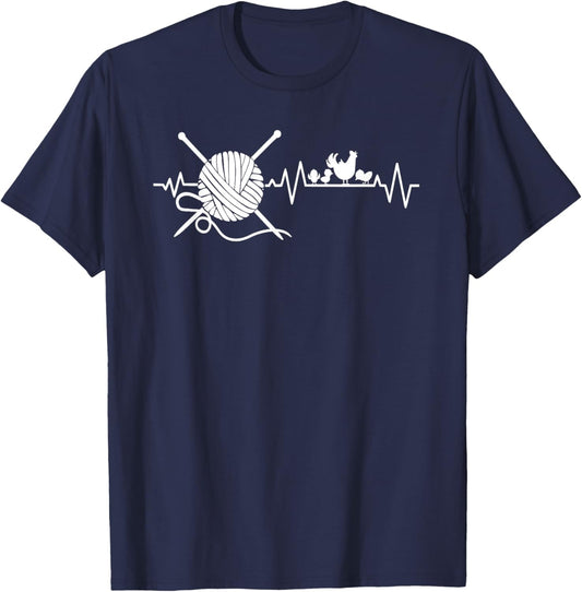 Knitting Yarn Crochet Backyard Chicken Lover Heartbeat T-Shirt - T-Shirt | Navy