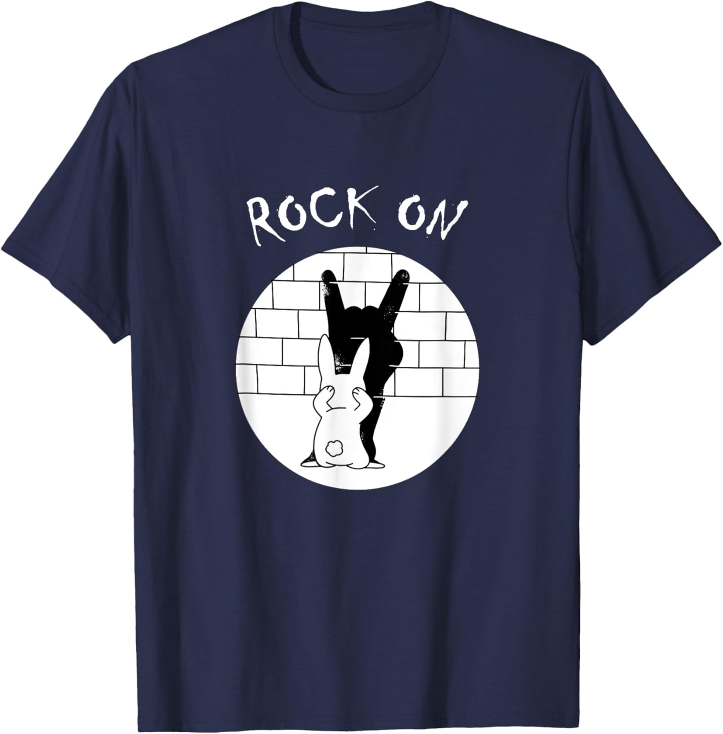 Funny Rock On Rabbit Bunny Shadow Music Rock 'n Roll Hand T-Shirt - T-Shirt | Navy