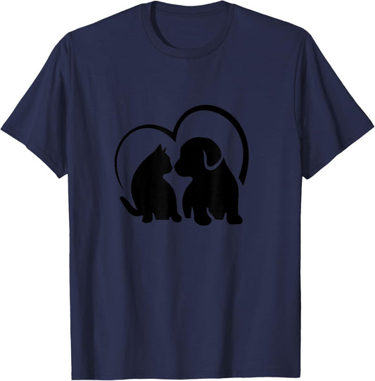Cat and Dog with Heart Design Women Kids T-Shirt - T-Shirt | Navy