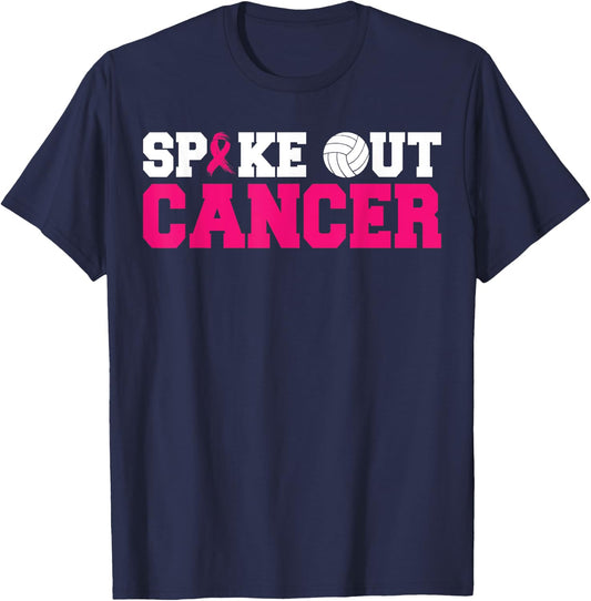 Spike Out Cancer Pink Ribbon Volleyball Breast Cancer T-Shirt - T-Shirt | Navy