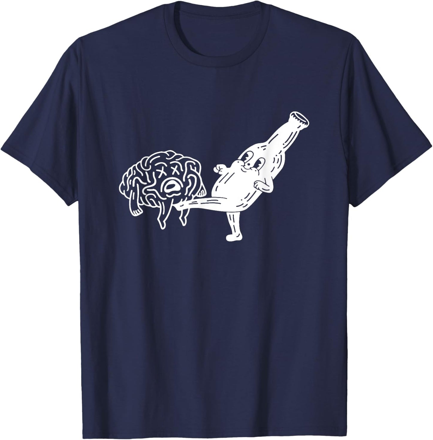Smiling Beer Bottle Kicking Brain T-Shirt - T-Shirt | Navy