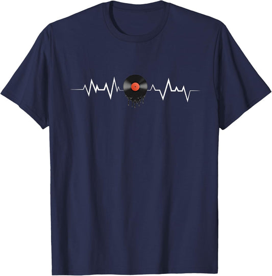 Vinyl Record Heartbeat Retro Vintage Vinyl Record Turntable T-Shirt - T-Shirt | Navy