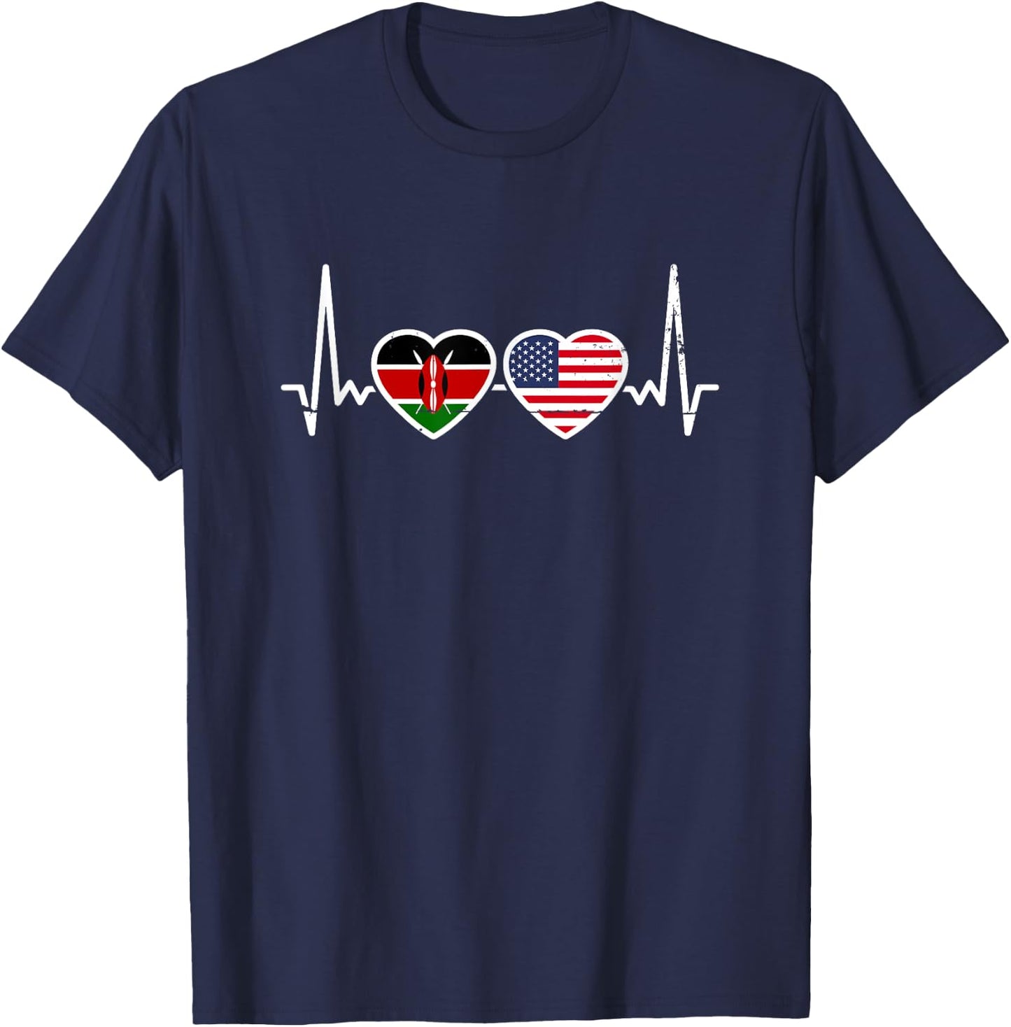 Kenya USA Vintage Heartbeat Flag American Kenyan T-Shirt - T-Shirt | Navy