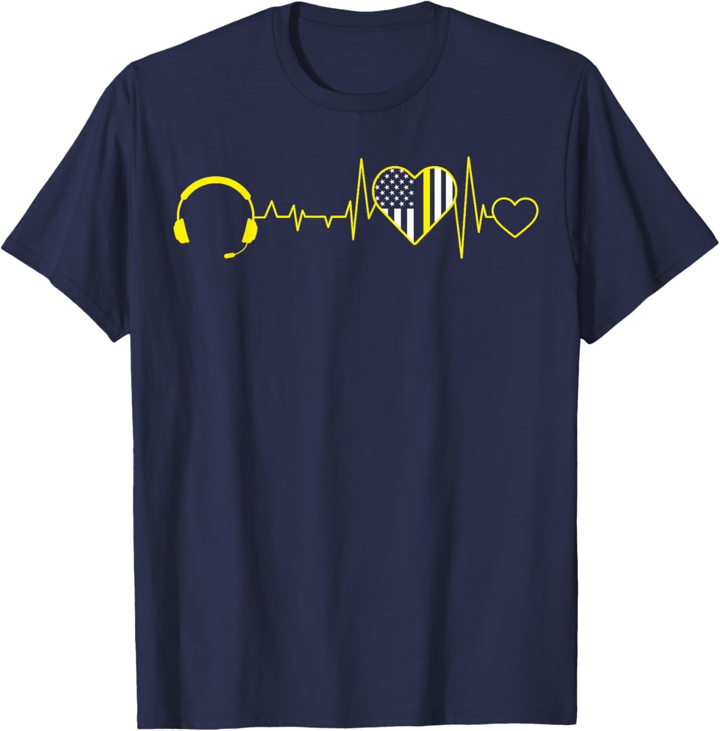911 Dispatcher Operator EKG Heartbeat 4th of July USA Flag T-Shirt - T-Shirt | Navy