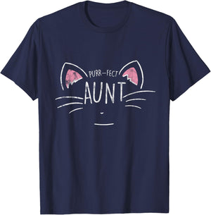 Funny Purr-fect Aunt Auntie Cat Lover Pet -Adults Black Cotton Blend Short Sleeve Classic Fit Small T-Shirt - T-Shirt | Navy