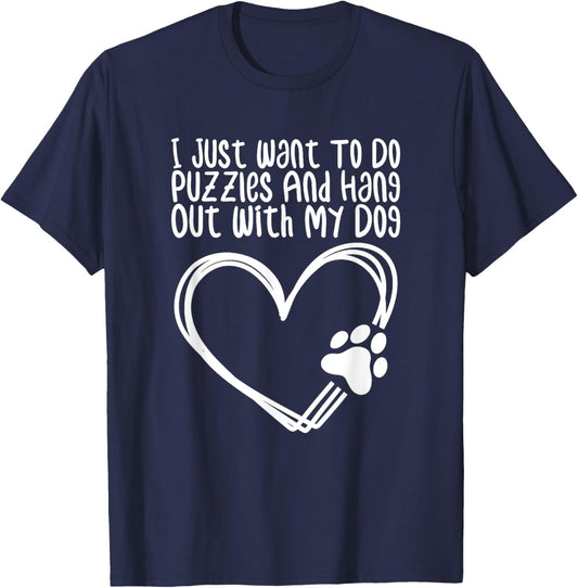 Adults Black Short Sleeve Small I Just Want To Do Puzzles And Hang Out With My Dog T-Shirt - T-Shirt | Navy