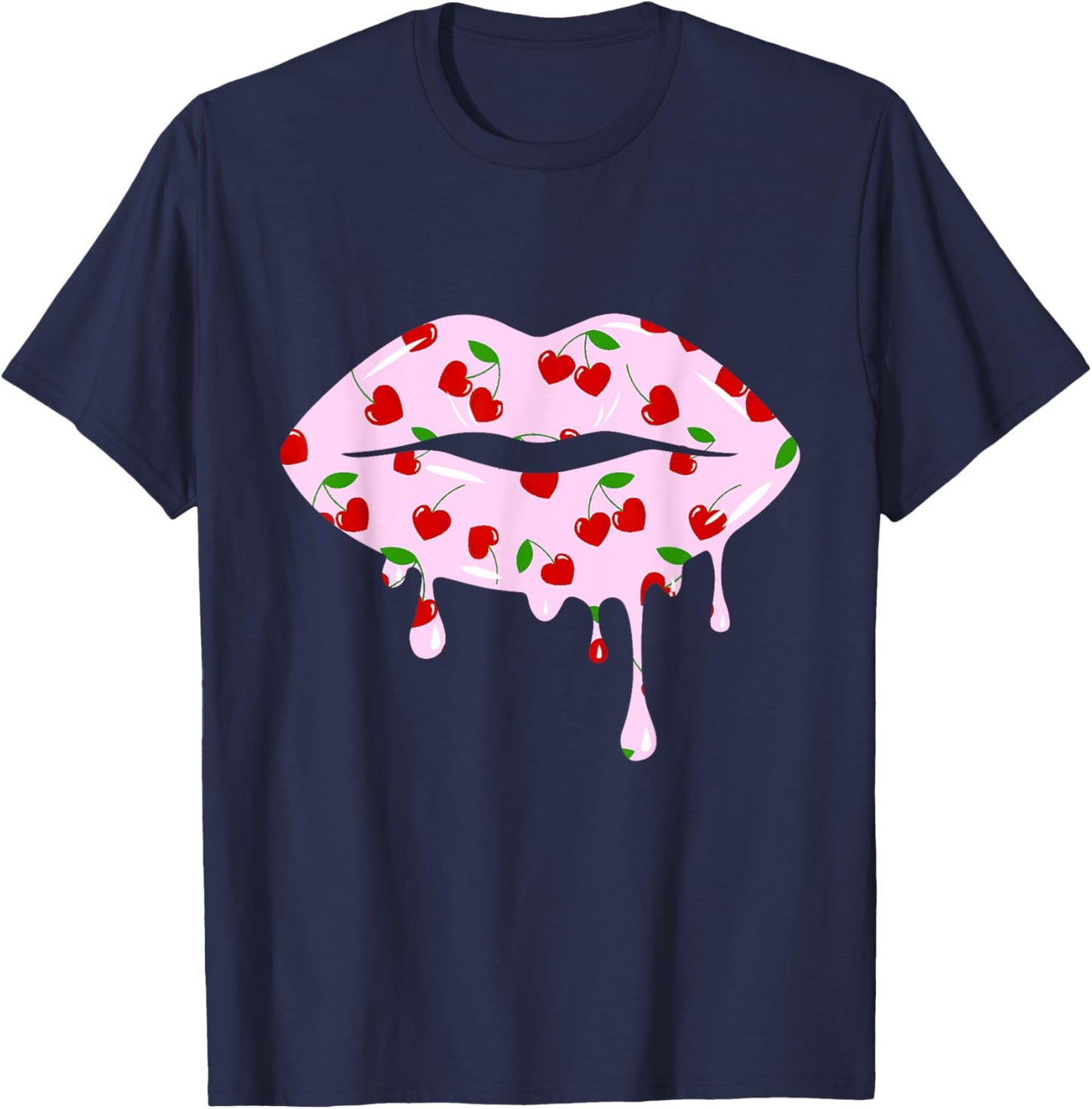 Cute Cherry Hearts Pink Dripping Lips Valentines Day T-Shirt - T-Shirt | Navy