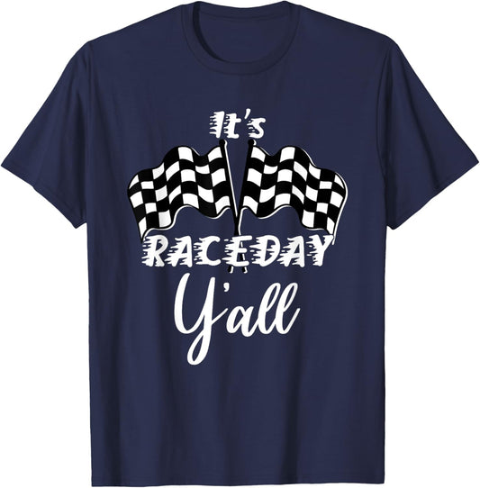 Dirt Track Racing Raceday Y'all Checkered Flag Racing Quote T-Shirt - T-Shirt | Navy