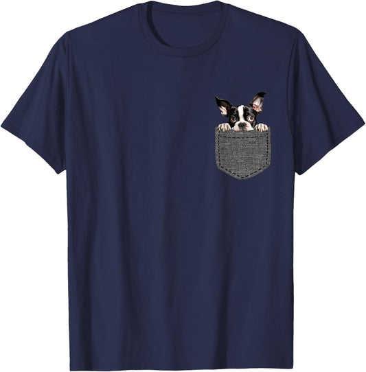 Boston Terrier Dog in Pocket Women Girls Kids T-Shirt - T-Shirt | Navy